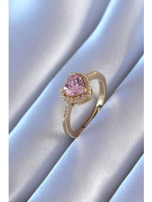Calperia Gold Renk Zirkon Taşlı Kalp Model Pirinç Charm Kadın Yüzük
