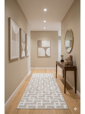 Babil Home Kaymaz Tabanlı Kesme  Salon Koridor Mutfak Yatak Odası Halısı 3017 Bej