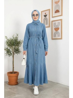 Kadın Düğmeli Kuşaklı Açık Kot Mavi Elbise
