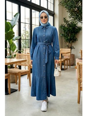 Kadın Düğmeli Kuşaklı Koyu Kot Mavi Elbise
