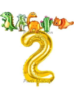 Parti Station Altın Renk Rakam Balonlu Dinozor 2 Yaş Doğum Günü Parti Yapışık Balon Set Dinozor Tema Parti Set