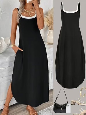 Melen Moda Kadın Ip Askılı Yuvarlak Yakalı Cepli Uzun Viskon Elbise