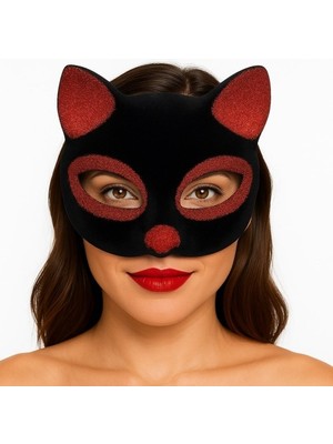 Siyah Renk Kırmızı Simli Süet Kaplama Kedi Maskesi 18X14 cm
