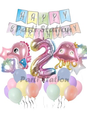 Parti Station Okyanus Hayvanları Deniz Canlıları 2 Yaş Balon Set Deniz Anası Deniz Atı Happy Birthday Balon Set