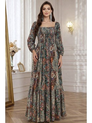 Melen Moda Kadın Düşük Omuzlu Beli Büzgülü Dijital Desenli Kesik Elyaf Süprem Uzun Elbise