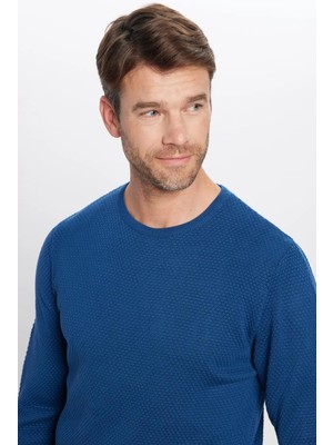 Tudors Erkek Slim Fit Dar Kesim Bisiklet Yaka Petek Desenli Indigo Triko Kazak