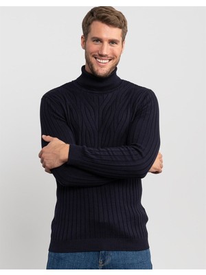 Tudors Erkek Slim Fit Tam Balıkçı Yaka Saç Örgü Desenli Lacivert Triko Kazak