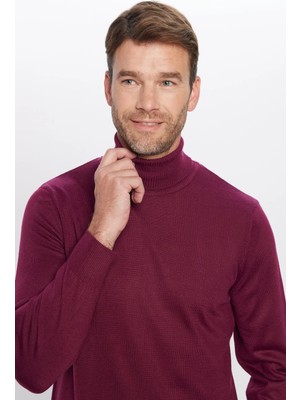 Tudors Erkek Slim Fit Dar Kesim Tam Balıkçı Yaka Düz Yün Bordo Triko Kazak