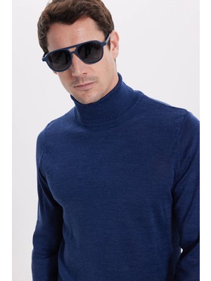 Tudors Erkek Slim Fit Dar Kesim Tam Balıkçı Yaka Düz Yün Sax Mavi Triko Kazak
