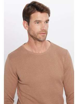 Tudors Erkek Slim Fit Dar Kesim Bisiklet Yaka Petek Desenli Taş Triko Kazak