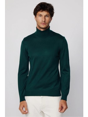 Tudors Erkek Slim Fit Dar Kesim Tam Balıkçı Yaka Düz Yün Yeşil Triko Kazak