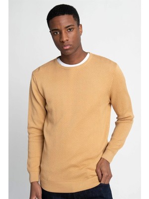 Tudors Erkek Slim Fit Dar Kesim Bisiklet Yaka Petek Desenli Sarı Bej Triko Kazak