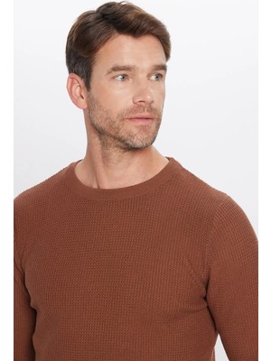 Tudors Erkek Slim Fit Bisiklet Yaka Desenli Taba Triko Kazak