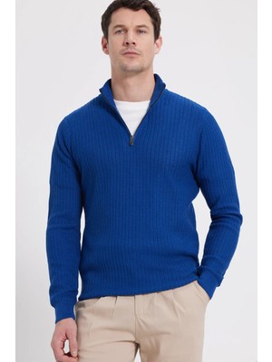 Tudors Erkek Slim Fit Dar Kesim Dik Yaka Fermuarlı Desenli Saks Mavi Triko Kazak