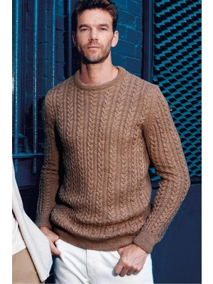 Tudors Erkek Slim Fit Dar Kesim Bisiklet Yaka Saç Örgü Desenli Vizon Triko Kazak
