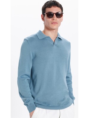 Tudors Erkek Standart Fit Normal Kesim Polo V Yaka Indigo Triko Kazak