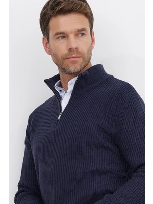 Tudors Erkek Slim Fit Dar Kesim Fermuarlı Lacivert Dik Yaka Triko Kazak