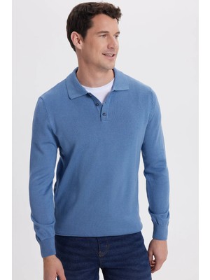Tudors Erkek Standart Fit Normal Kesim Pamuklu Polo Yaka İndigo Kazak