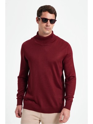 Tudors Slim Fit Tam Boğazlı Yaka Düz Yün Bordo Erkek Triko Kazak