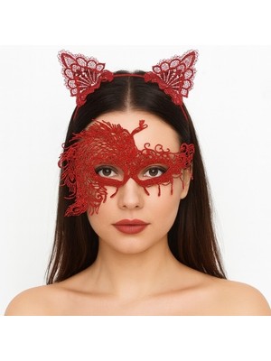 Alevin Zarafeti Kırmızı Dantel Maske ve Taç Seti 4 No – Kadın Kostüm Tamamlayıcı