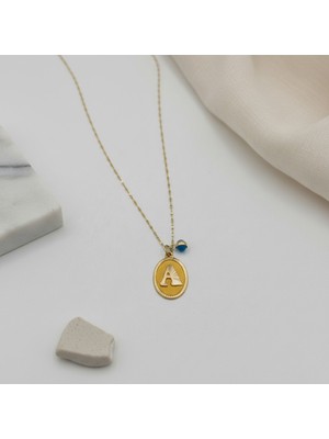 Diamine Pırlanta 14 Ayar Altın A Harf Nostaji Oval Nazarlı Plaka Kolye ( Tüm Harfler Yazılır )
