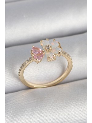 Calperia Pirinç Gold Renk Beyaz Mineli Pembe Zirkon Taşlı Çiçek Model Kadın Yüzük