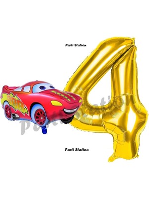 Parti Station Cars Arabalar Balon Konsept 4 Yaş Balon Set Şimşek Mcqueen Balon ve Gold Rakam Balon Doğum Günü Set