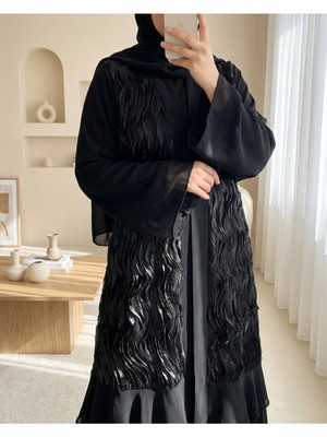 Modamorfo Önü Tül Detaylı Kemerli Eteği Katlı Ikili Abaya Takım -Siyah