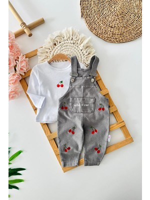 Miniğimin Cicileri Kiraz Işleme Detaylı Kız Bebe 2 Li Salopet Yumuşak kotlu takım - Gri