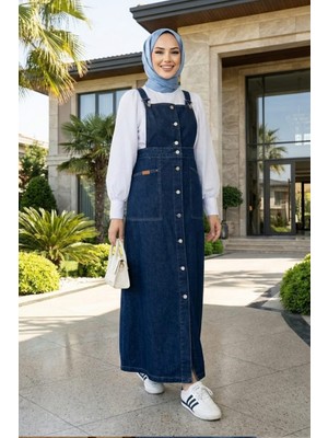 Kadın Ayarlanabilir Askılı, Düğmeli ve Cepli Lacivert  Kot Salopet