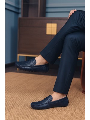 Deriderim Kroko Desenli Lacivert Hakiki Deri Erkek Ayakkabı