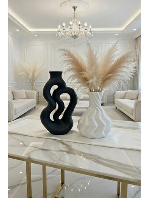 Safir Design Siyah ve Beyaz Geometrik Dekoratif Vazo Takımı Pampas Hediyeli-Sert PLASTIK-23CM