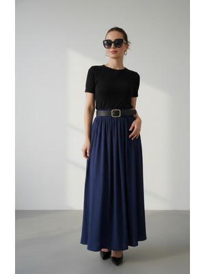 Gizelia Lacivert Maxi Boy Deri Kemerli Lacivert Etek