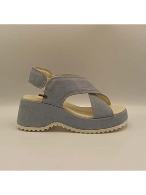 Ametist Sindy Mavi Deri Dolgu Topuk Sandalet