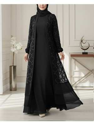 Modamorfo Pul Payetli Eteği Katlı Kemerli Ikili Abaya -Siyah