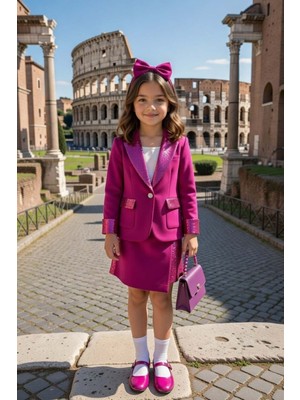 Riccotarz Kız Çocuk Üzeri Pullu ve Cep Detaylı Şal Yaka Ceket ve Asimetrik Kesim Mor Pullu Etekli Takım