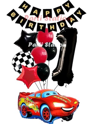 Parti Station Cars Şimşek Mcqueen Yarış Arabası Konsept 1 Yaş Balon Set Cars Doğum Günü Happy Birthday Balon Set
