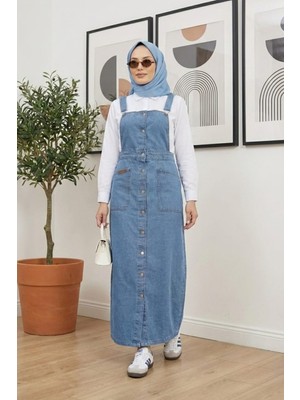 Kadın Ayarlanabilir Askılı, Düğmeli ve Cepli Mavi  Kot Salopet