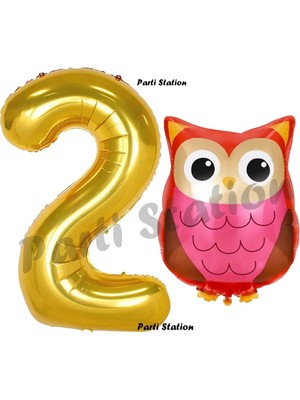Parti Station Woodland Baykuş Konsept 2 Yaş Balon Set Sevimli Baykuş Owl ve Gold Rakam Balon Doğum Günü Balon Set