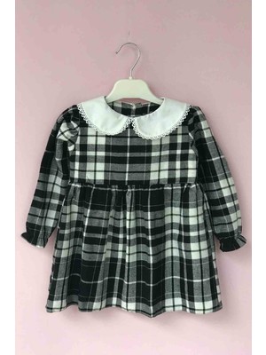 Bertuğ Bebek Ekoseli Oduncu Kumaş Kız Çocuk Bebek Siyah Beyaz Bebe Yaka Dantelli Elbise