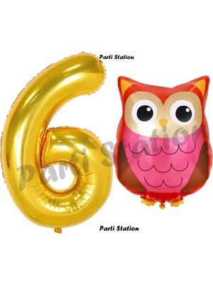 Parti Station Woodland Baykuş Konsept 6 Yaş Balon Set Sevimli Baykuş Owl ve Gold Rakam Balon Doğum Günü Balon Set
