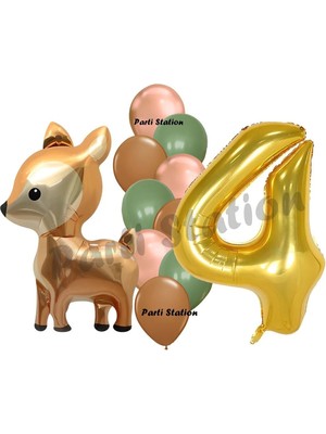 Parti Station Woodland Geyik Balon 4 Yaş Balon Set Sevimli Ceylan Balon ve Gold Rakam Balon Doğum Günü Set