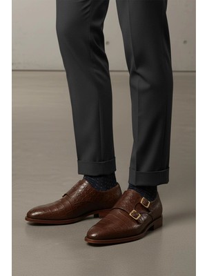 Deriderim Kahve Kroko Desenli Çift Tokalı Deri Ayakkabı