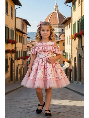 Riccotarz Kız Çocuk Düşük Omuzlu Bisiklet Yaka ve Fırfırlı Çiçek Desneli Somon Abiye