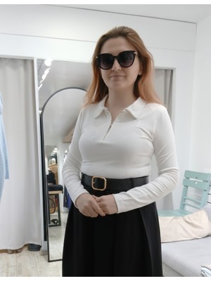 Gizelia Ekru Fermuarlı Polo Yaka Uzun Kollu Yumuşak Dokulu Bluz