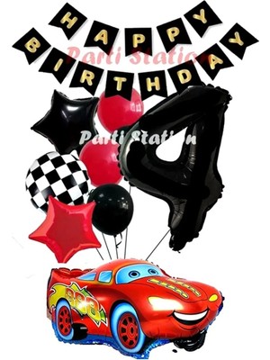 Parti Station Cars Şimşek Mcqueen Yarış Arabası Konsept 4 Yaş Balon Set Cars Doğum Günü Happy Birthday Balon Set