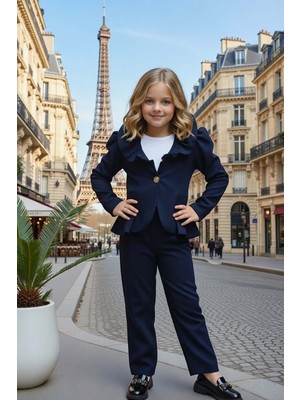 Riccotarz Kız Çocuk Asimetrik Kesim Fırfırlı Yaka Kloş Ceket Lacivert Alt Üst Takım