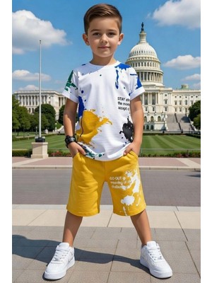 Riccotarz Erkek Çocuk Üzeri Karışık Renkli Boya Detaylı Sarı Şortlu Takım