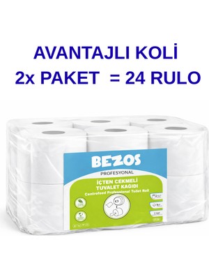 Bezos Professional Bezos Profesyonel Içten Çekmeli Tuvalet Kağıdı 24 Rulo | Mini Cimri | 2 Katlı %100 Selüloz 2