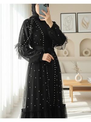 Modamorfo Taş ve Inci Detaylı Kemerli Ikili Tül Abaya Takım -Siyah